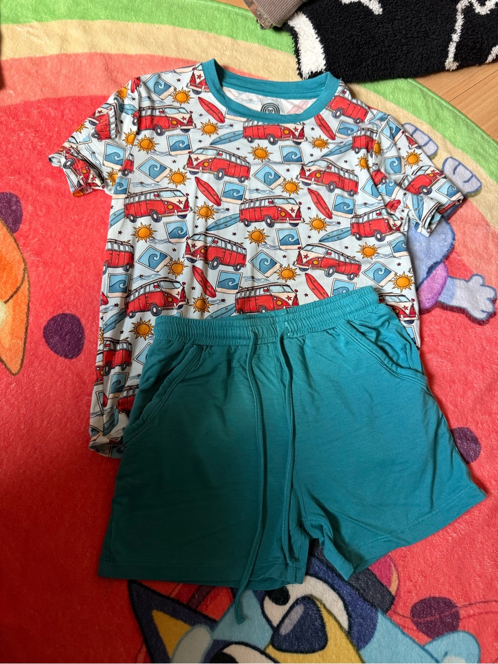 Bamboo Bliss Kids Teal Short Pajama Set with Red Camper Print
